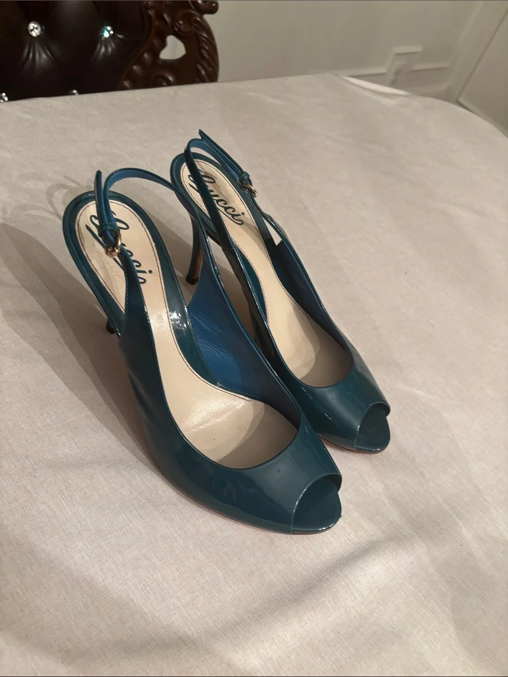 Gucci Teal Patent Peep-Toe Slingback Heels - Picture 3 of 8